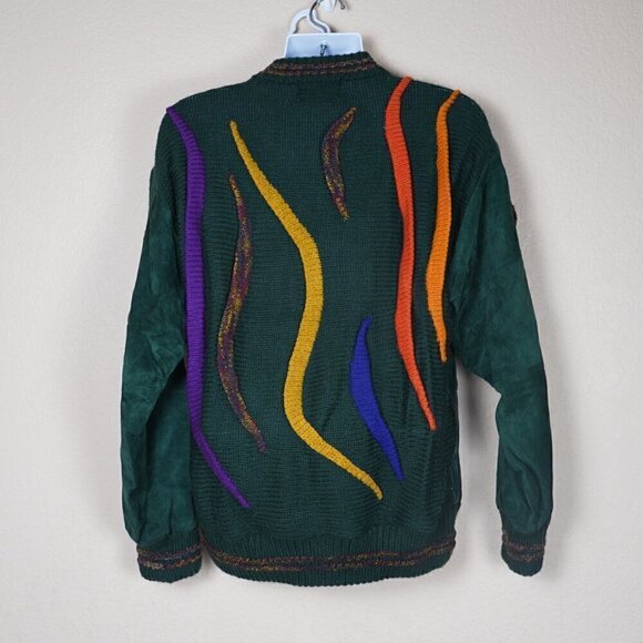 Vintage Saxony Mens 80s 3D knit Leather bomber Coogie Style Sweater Large Cosby - Picture 2 of 10